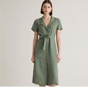 Quince 100% European Linen Light Cargo Olive Green Button Front Midi Dress